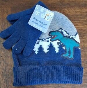 Blue Dinosaur Boys Cuffed Hat and Gloves Set, New With Tag.